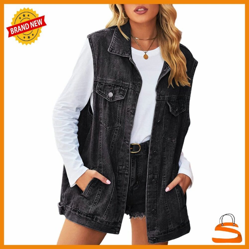 Women's Denim Vest Sleeveless Button Jacket Oversized Fit